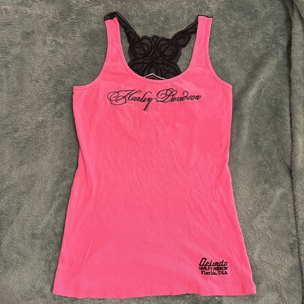 Women’s Pink Y2K Harley Davidson Tank top with lace detail